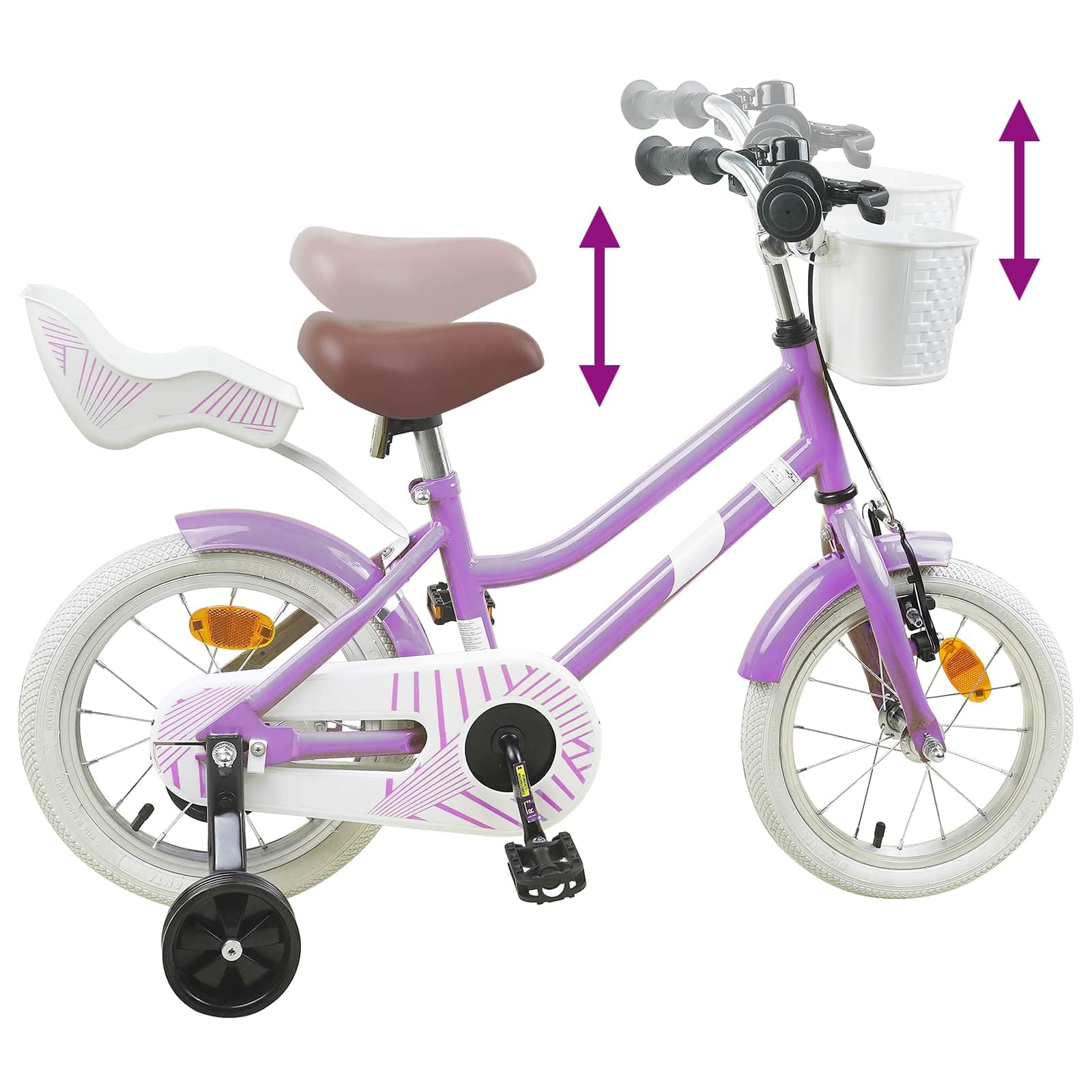 Bicicleta infantil de 2 a 4 años, color morado, con marco de acero, asiento y manillar ajustables, freno, guardabarros, timbre, soporte ideal para entrenamiento