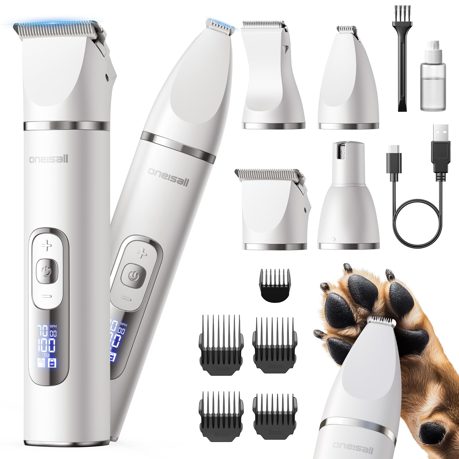 Photo 1 of oneisall 4 in 1 Dog Grooming Kit with LCD Display, Dog Hair Trimmer for Paw Nail Grinder, Rechargeable Cordless Low Noise IPX7 Waterproof Pet Clippers (White)