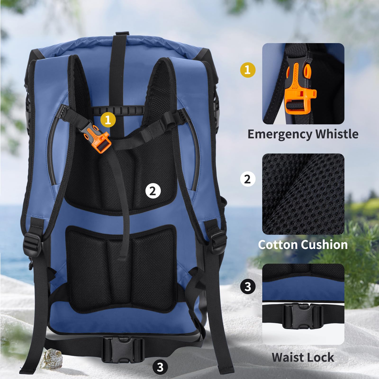 Iculabg - Zaino impermeabile per donne e uomini, da viaggio, escursionismo, impermeabile, per kayak, spiaggia, campeggio, zaino impermeabile, grande, blu, 30L/40L