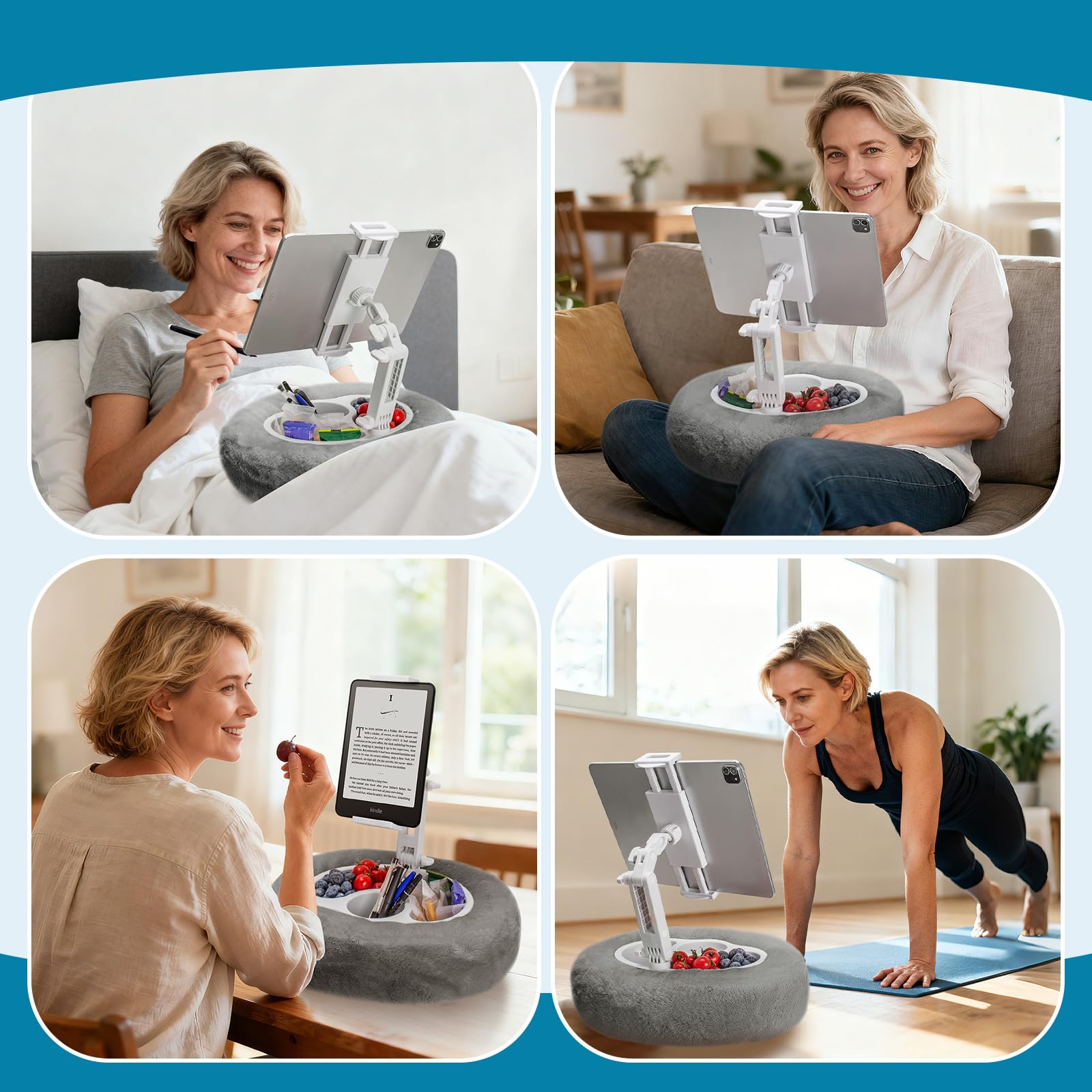 Supporto per Tablet con Cuscino, Supporto per Kindle con Ciotola Staccabili | Supporto per iPad da Letto Regolabile a 360°, Porta Tablet Cuscino Compatibile con Tablet da 4,7“ a 12,9”, Telefoni e Kindle