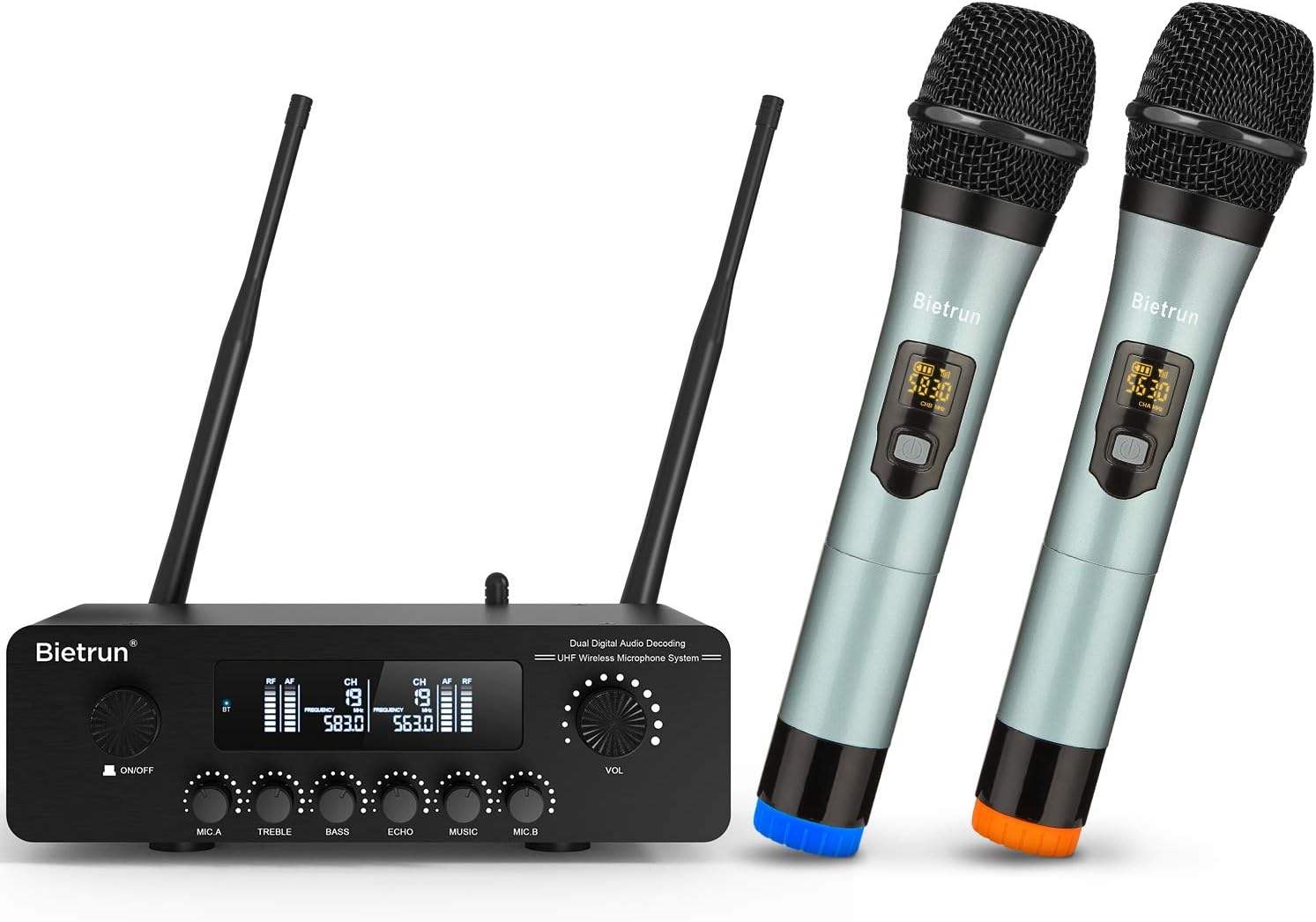 Wireless Microphone with Bluetooth๏ผEcho/Treble/Bass, 165 ft Range, Bietrun UHF Dual Handheld Cordless Dynamic Mic System for PA System/AMP/Home TV Karaoke/Bluetooth Speaker/(1/4''๏ผ1/8โโAUX Interface)