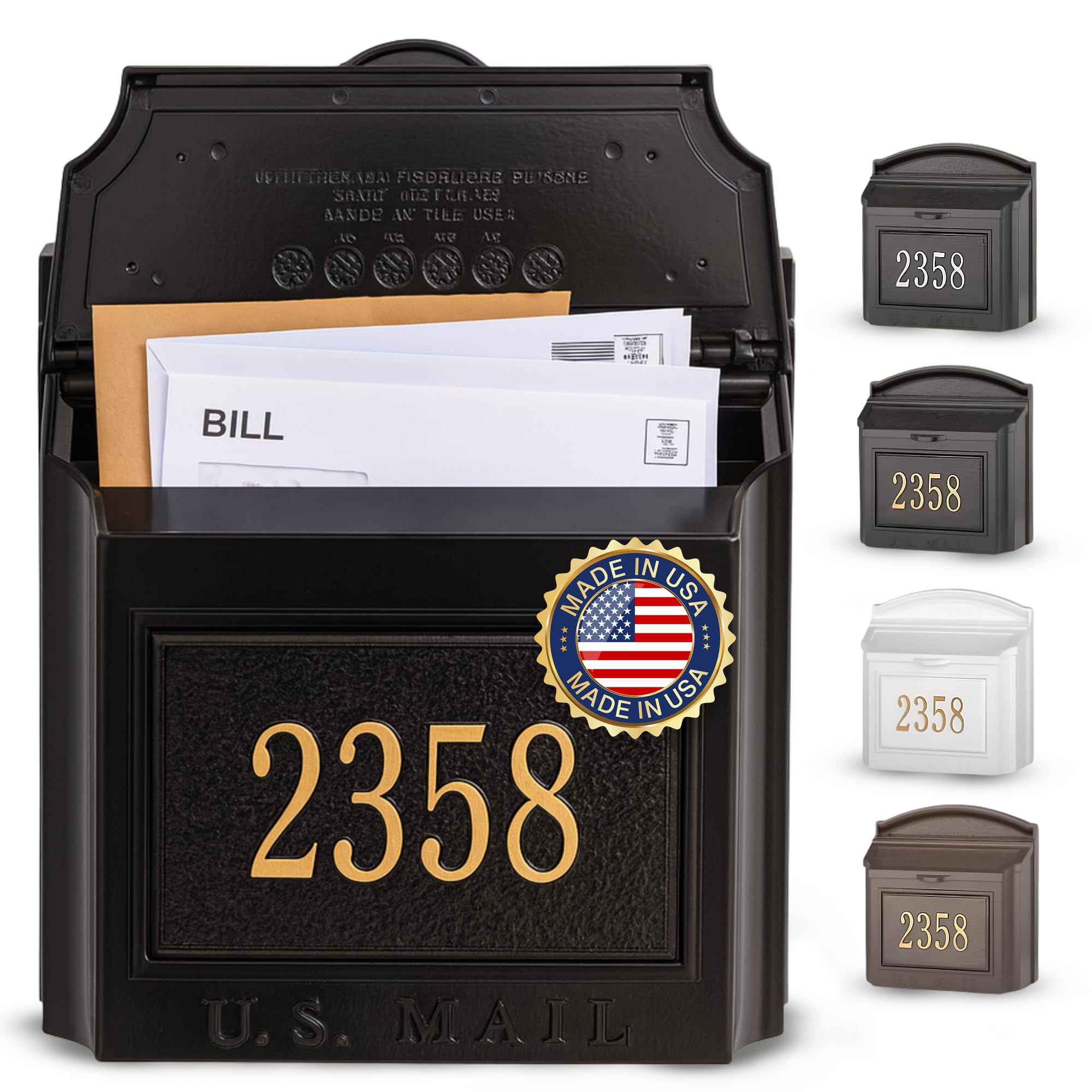 Whitehall Locking Mailbox Wall Mounted - Large Aluminum Mailbox with Gold House Numbers, Weather-Resistant Mail Box for House Front Door, Heavy Duty Mail Holder, Vintage Mailboxes for Outside - Black