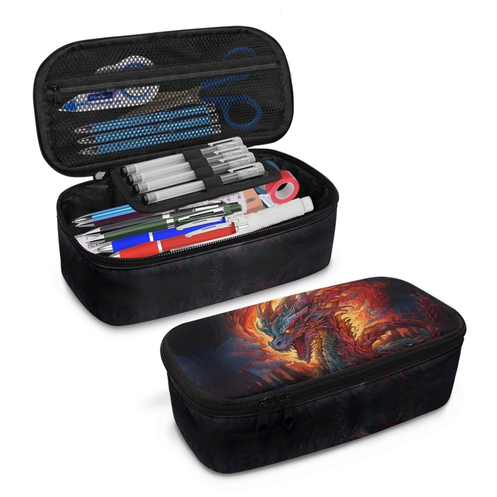 Cool Dragon Boys Pencil Case Large Capacity,Black Pencil Pouch for Kids Portable Pencil Organizer for Children Girls Aesthetic Pencil Bag with Double Zipper Pencil Box Make Up Bag