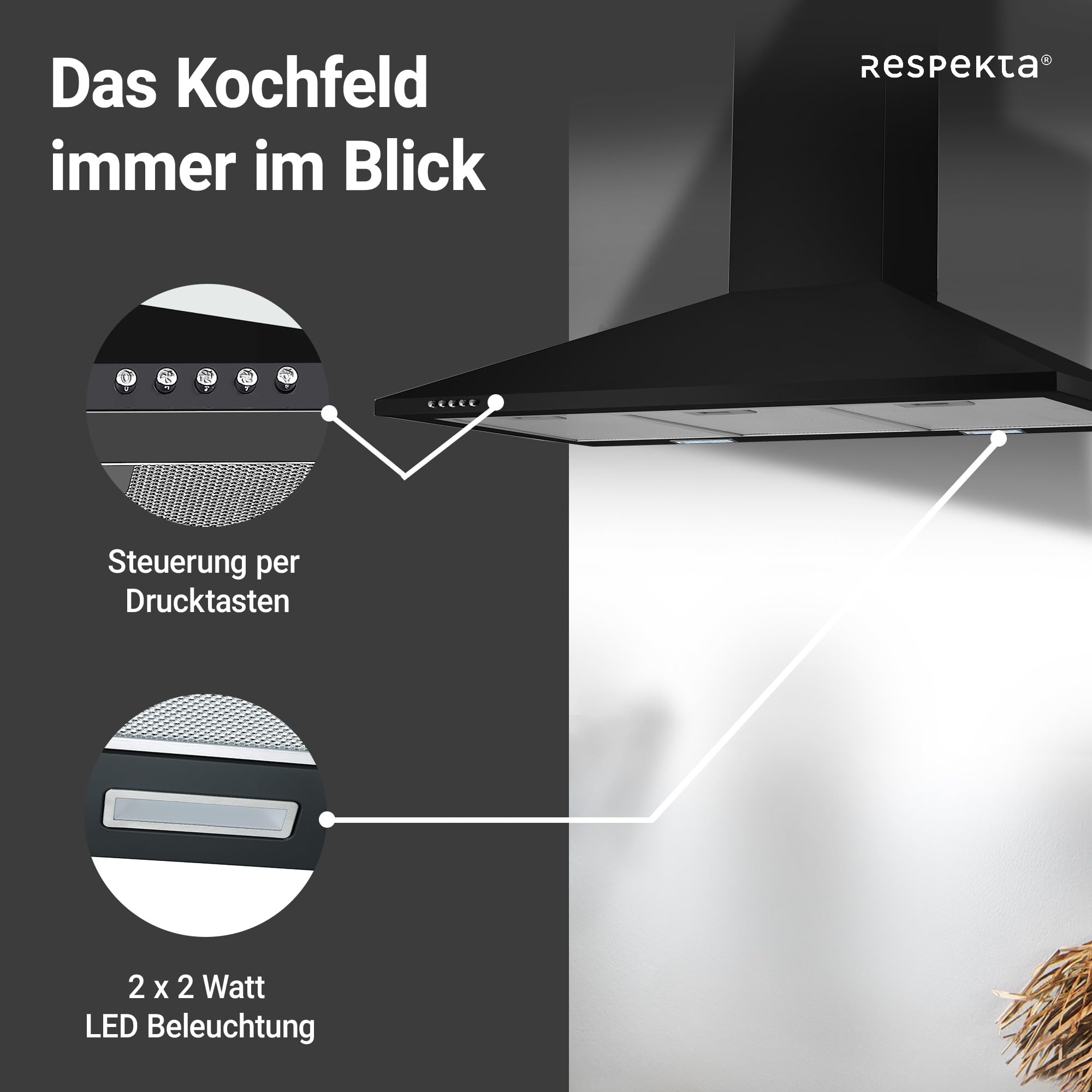 Respekta Dunstabzugshaube Karena / Kaminhaube 90 cm / Metallgehäuse schwarz matt /Abluft - und Umluftfunktion / CH22055-90 S / 53 – 68 dB