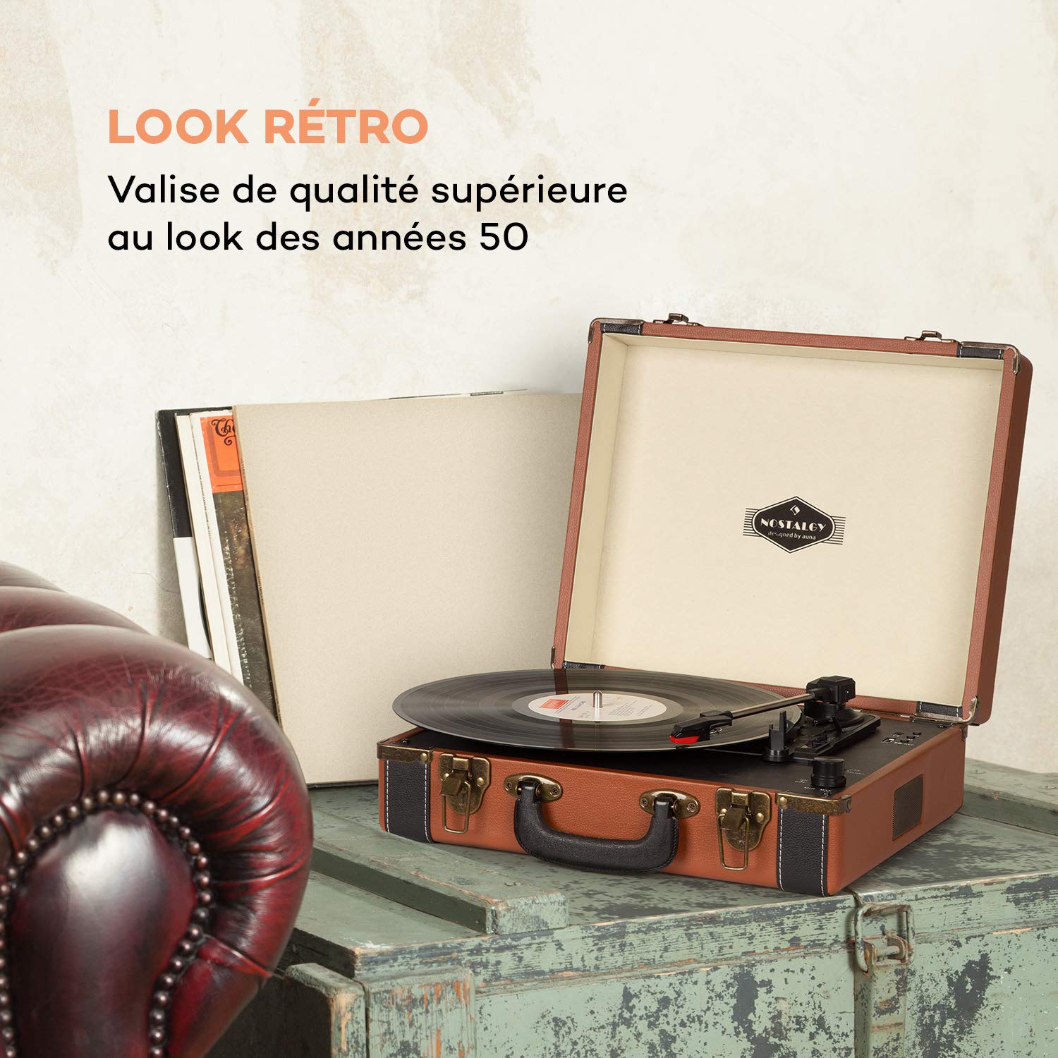AUNA Jerry Lee - Platine Vinyle, Tourne disque, Lecteur vinyles, Enceintes Stéréo, Numérisation Via Port USB, 33, 45 et 78 T/Min, Poignée de Transport, Bluetooth - Champagne