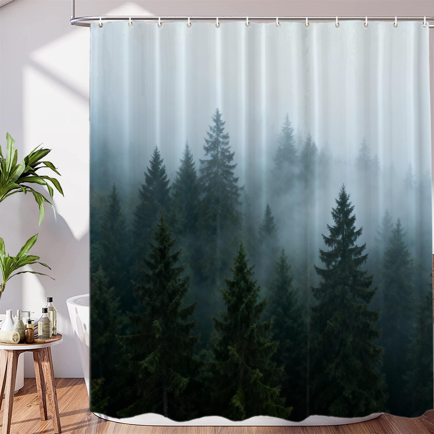 BaoNews Misty Forest Decor Shower Curtain Set,Nature and Woodland Fantasy Fog Magic Winter Tree Polyester Shower Curtain for Shower Stall Bathroom
