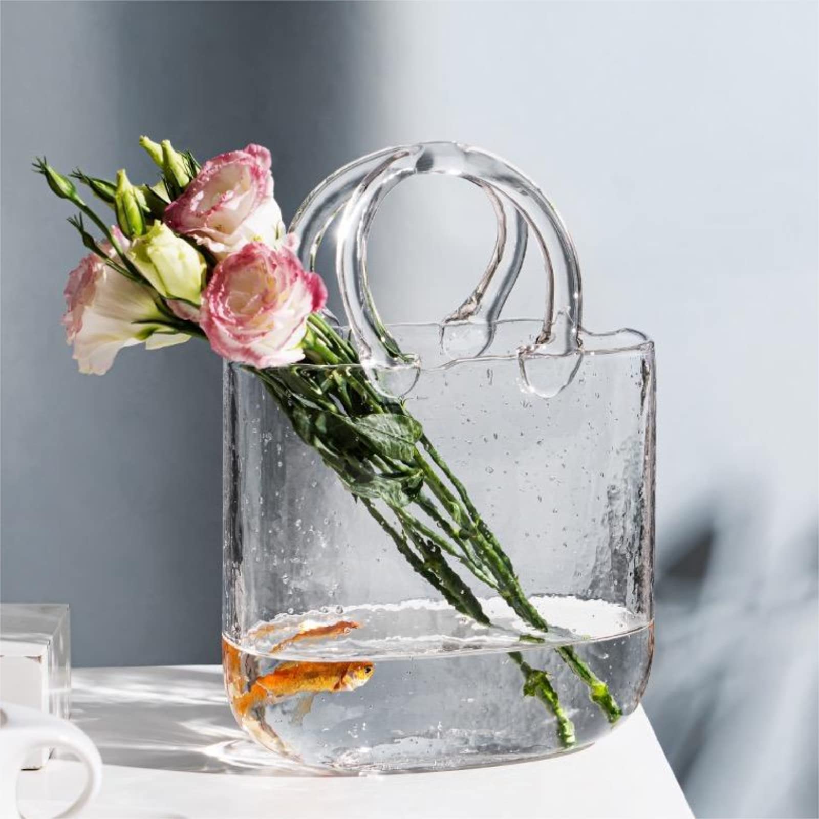 DecostatueClaire Bag Glass Vases with Elegant Purse Design Unique Glass Tote Bag Vase Design,Handle and Bubbles Within Vase,Mini Crystal Fish Tank, Used for Living Room Wedding Decoration