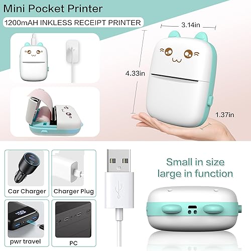 Miniatura 4 de Mini impresora portátil, impresora de calcomanías sin tinta con 8 rollos de papel, mini impresora térmica inalámbrica Bluetooth compatible con iOS +