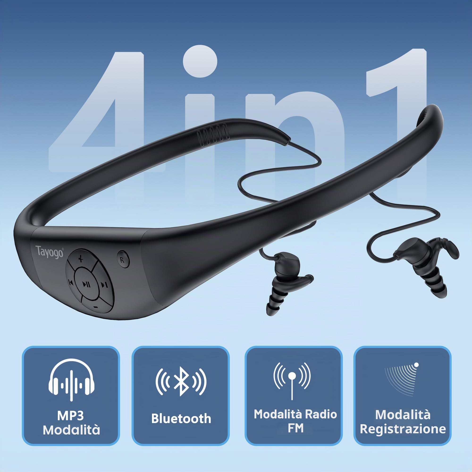 Tayogo Cuffie Subacquee per Piscina IPX8, 5.3 Bluetooth, Built-in MP3, Memoria da 32GB, Cuffie da Nuoto e Sportive per Surf, Nuoto, Corsa, Ciclismo