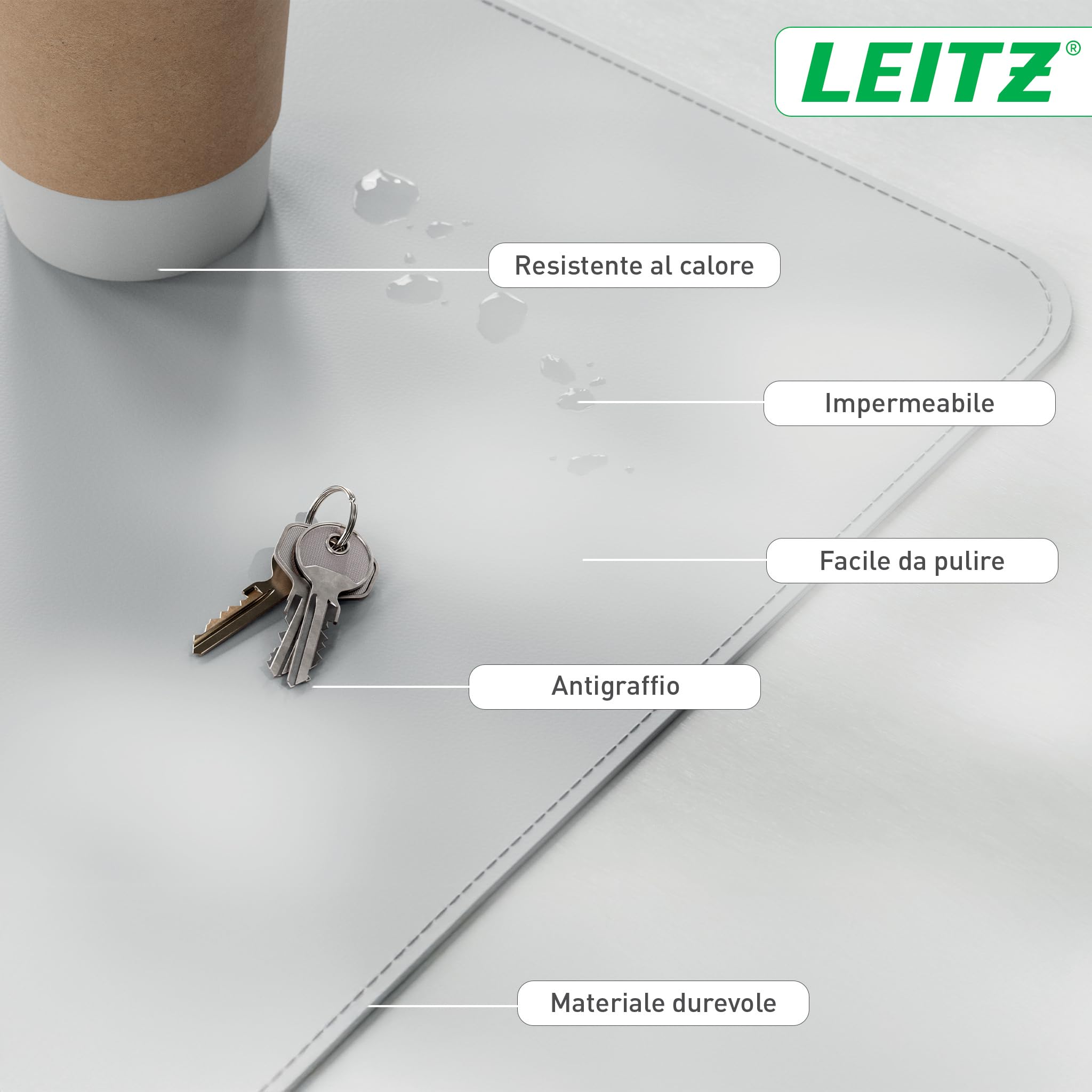 Leitz Tappetino mouse Impermeabile da Scrivania Grande - Protezione Opaca, Adatta a Ufficio e Casa, Facile da Pulire e Antigraffio, 80 x 40 cm, Grigio Chiaro