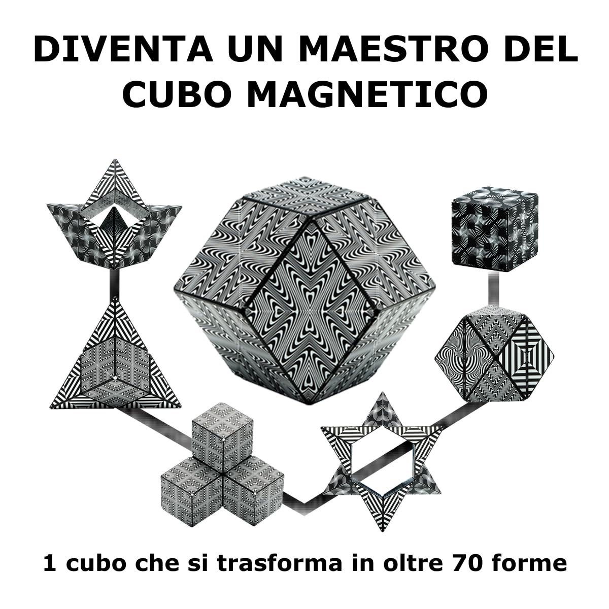 Shashibo Cubo Cambiaforma - Cubo Antistress, Pluripremiato e Brevettato, con 36 Magneti in Terre Rare - Oltre 70 Forme Diverse (Black & White)