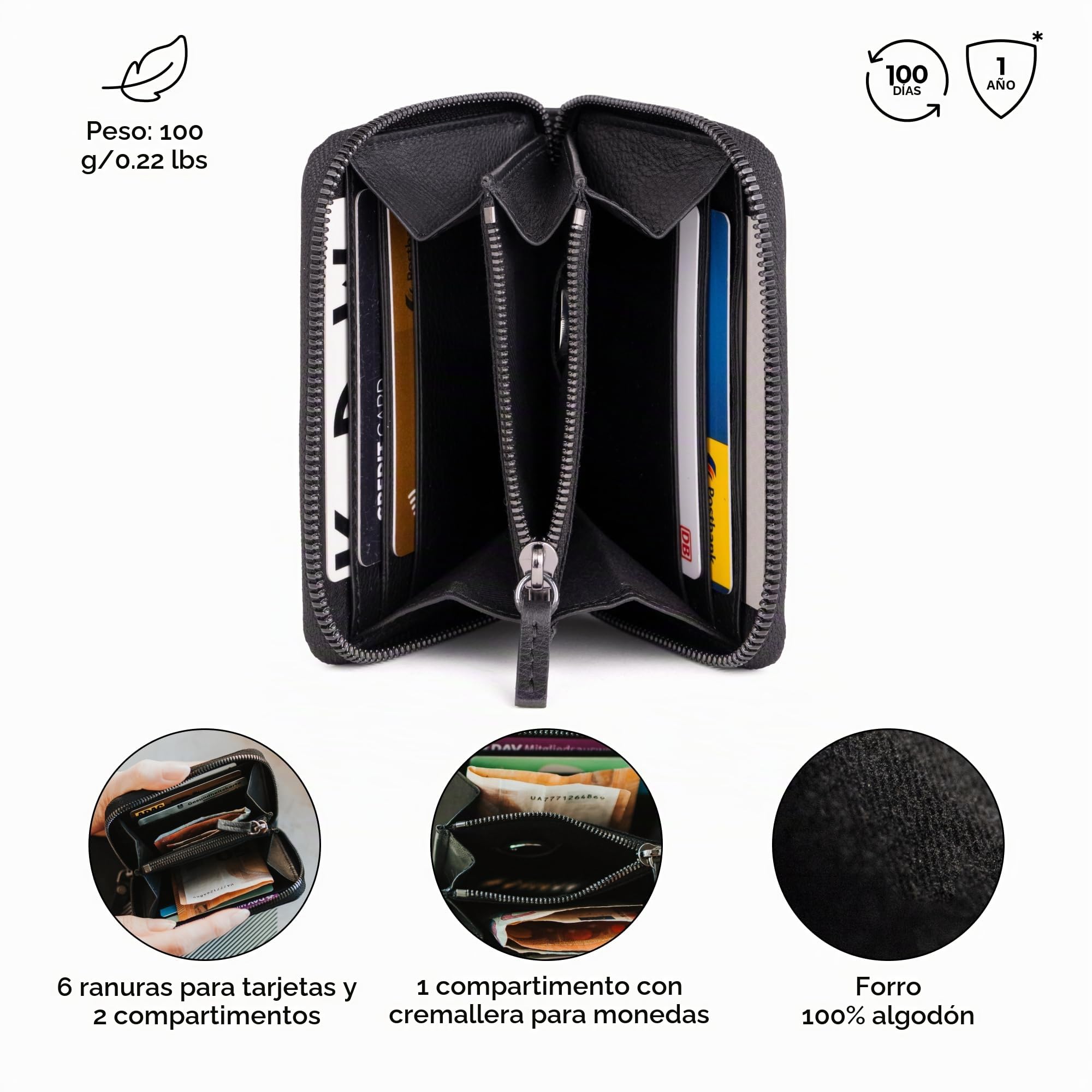 Berliner Bags Fiona Monedero Pequeño de Piel Compacto Negro Mujer con RFID