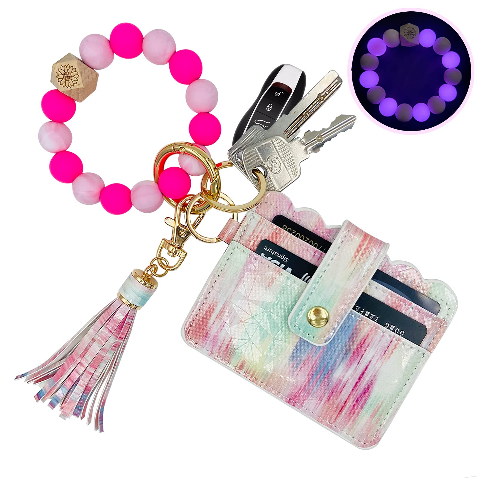 TSNSOEEO Keychain Wallet Wristlet Small Credit Card Holder Bracelet Key Chain Purse Bangle Tassel Beads Key Rings for Women, 01-pink Noctilucent, 3.94"