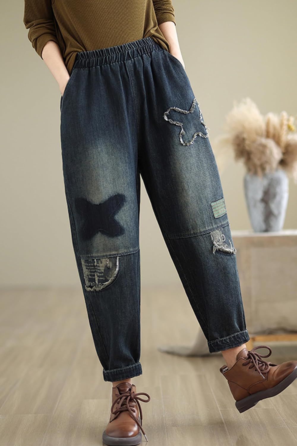 LAI MENG FIVE CATS Women's Baggy Jeans Pattern Elastic Waist Casual Harem Pants Barrel Denim - Image 3