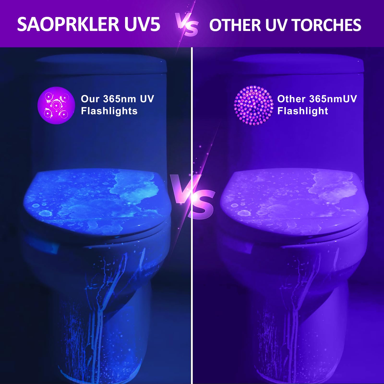 SAOPRKLER - Linterna UV de luz negra UV5 de 365 nm para todas las detecciones UV | Alta potencia, largo alcance, definición mejorada ultravioleta, haz de grado profesional, alto profesional, grado comercial