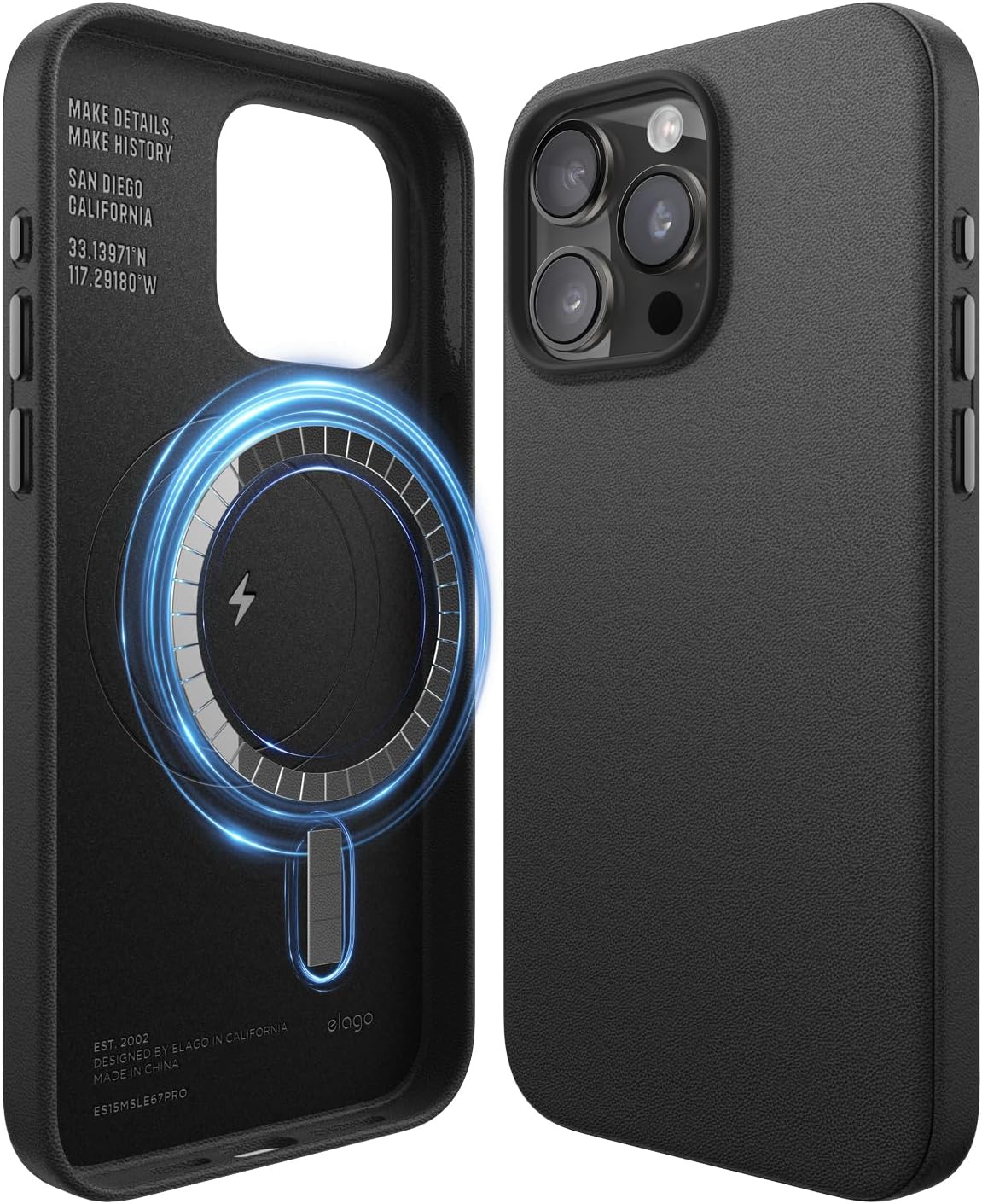 elago Magnetic Leather case for iPhone 15 Pro MAX Compatible with MagSafe, Vegan Leather, Shockproof, Water-Resistant - Black