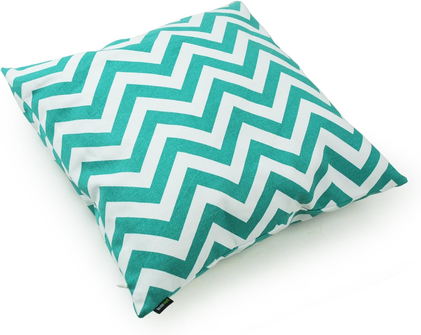 LAVIEVERT Decorative Cotton Canvas Square Throw Pillow Cover Cushion Case Handmade White and Cyan Chevron Stripe Toss Pillowcase with Hidden Zipper Closure 16 X 16 Inches (for Living Room, Sofa, Etc)