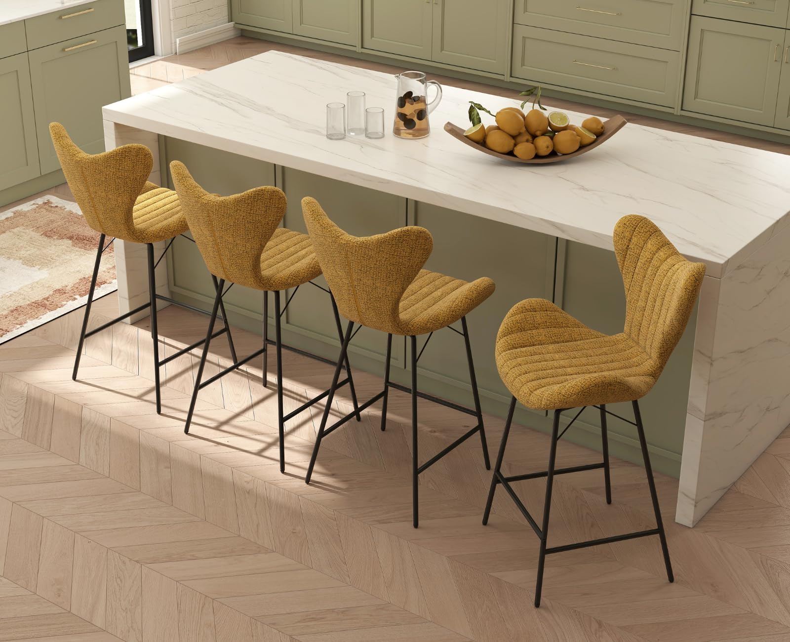 Lot de 2 Tabourets de Bar en Chenille Moderne Tabourets Hauts avec Pieds en Métal Chaises de Bar avec Dossier Unique pour Cuisine, Jaune