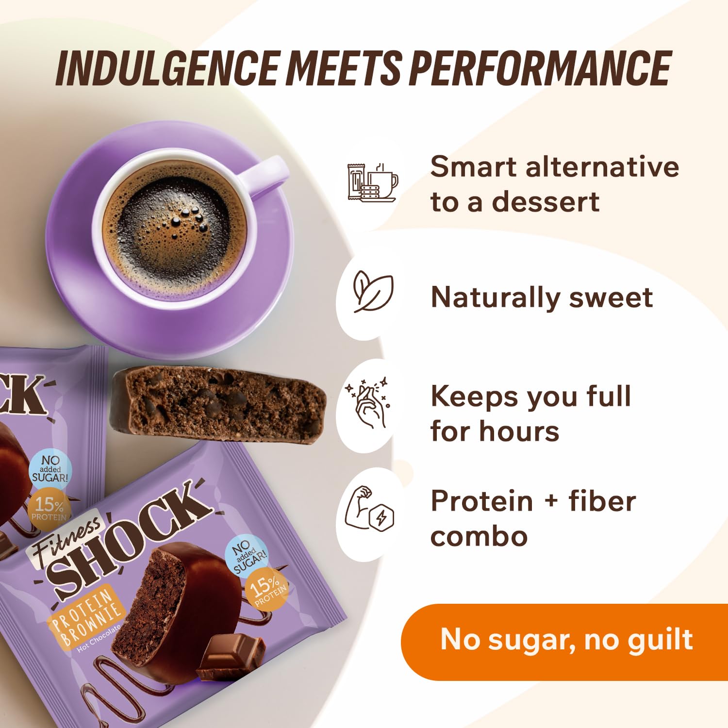 FitnesSHOCK Chocolate Brownie without Added Sugar, 15% Protein, satiating dietary fibre, Soft Texture, 10 Pieces, 50g