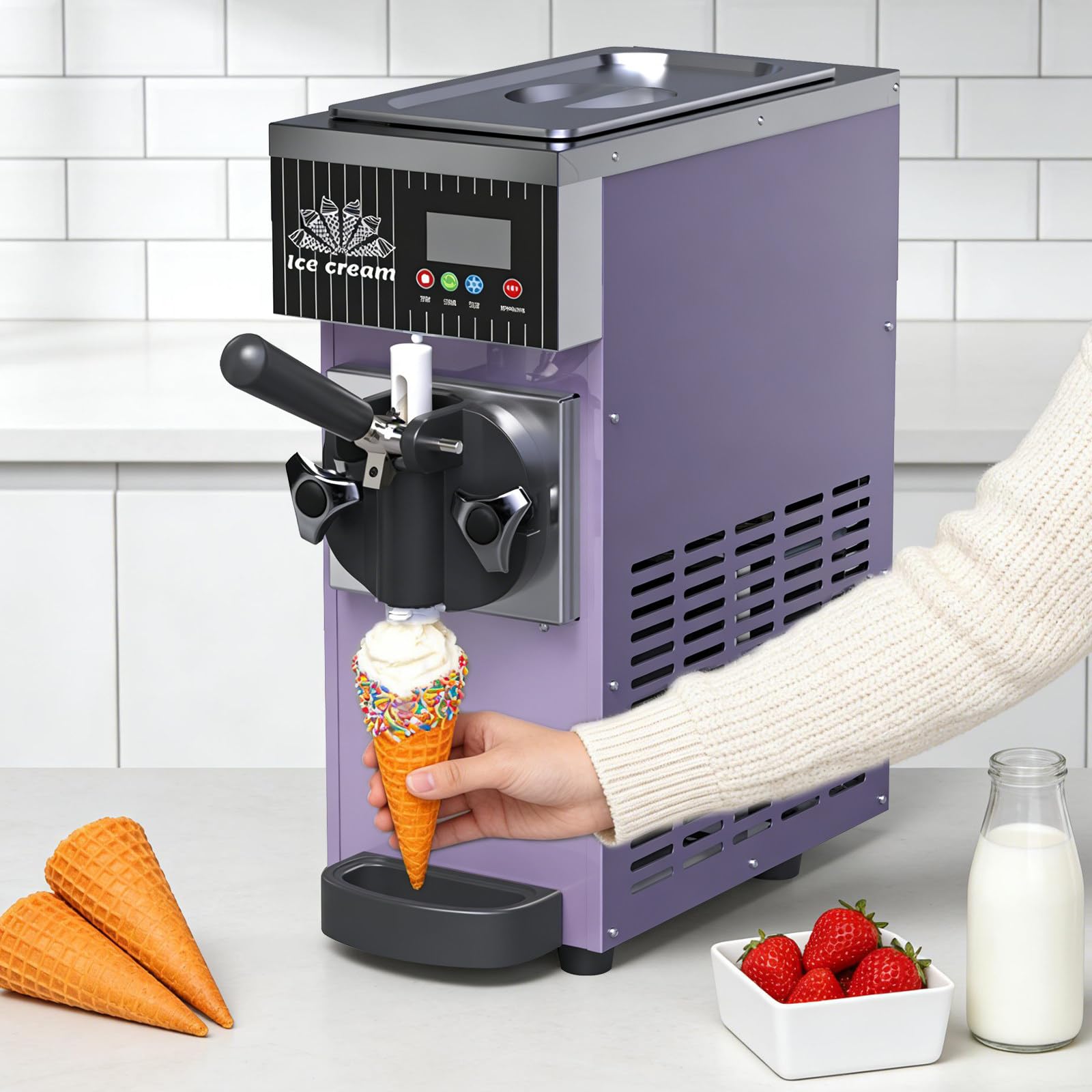 XUXIAO Soft Serve Ice Cream Machine Home, Countertop Soft Serve Ice Cream Maker, 4-5kg/H, LCD Touch Panel, Auto Clean, for Restaurants and Shops​ Purple