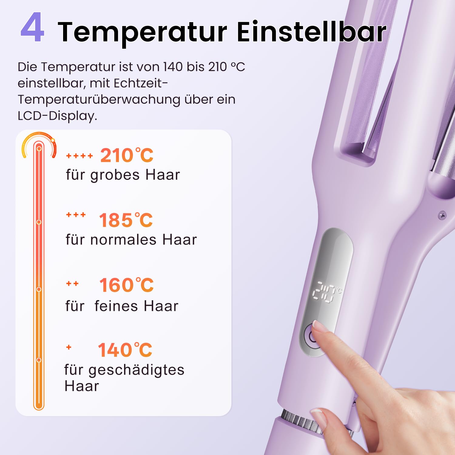 Einstellbar Welleneisen für Haare 4 In 1 Beach Waves Lockenstab 22-38mm 3 Fässer 140-210°C Lila