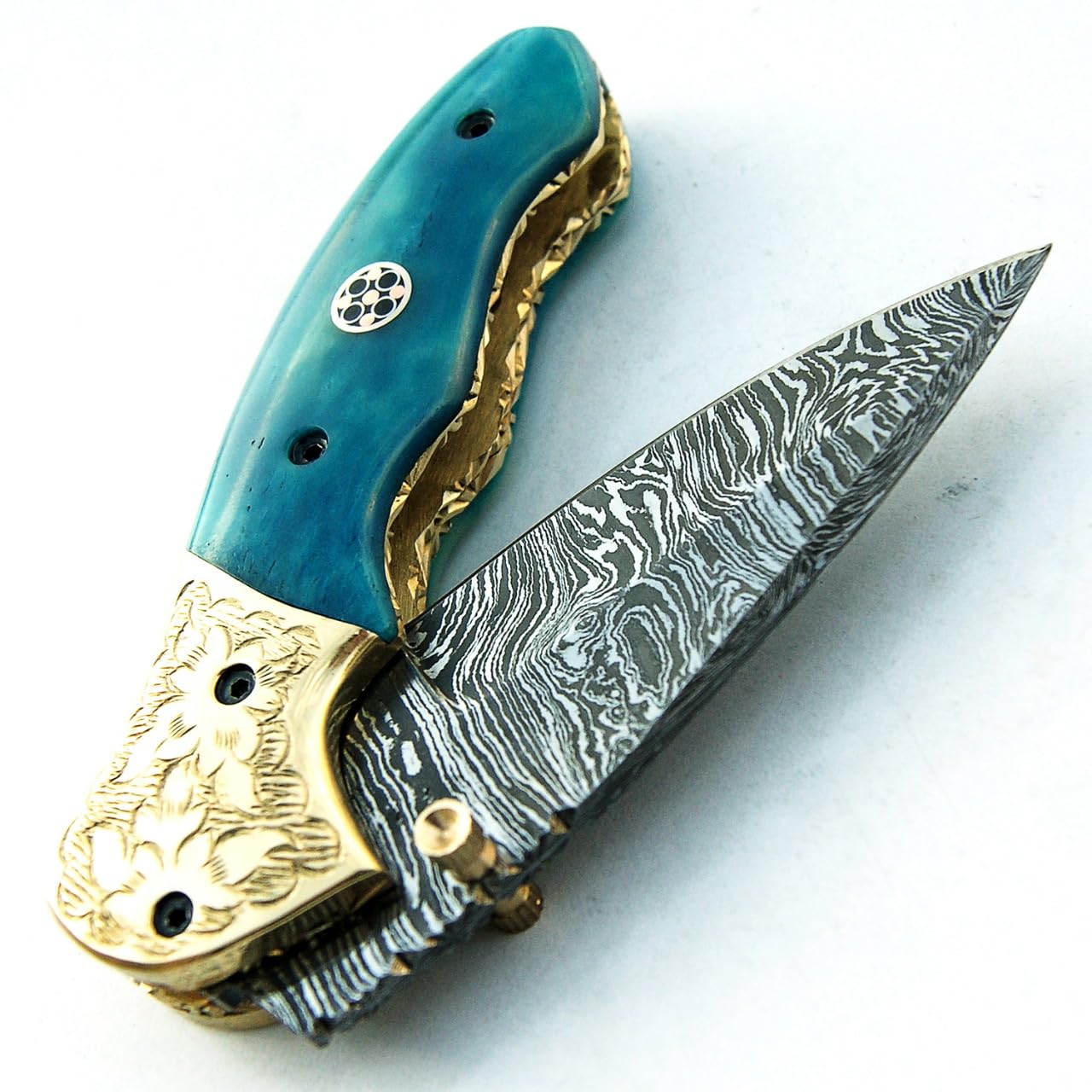 PAL 2000 SBRM-9418 Coltello Pieghevole in Acciaio con Lama in Acciaio Damasco con Custodia in Pelle 18 CM Maniglia Tinto Biglietto Cammello Chef Camping Cucina Casa da Pesca Giardino