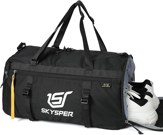 SKYSPER Gym Bag Sports Bag Small Duffle Bag for Men Women 30L, with Shoe Compartment & Wet Pocket, Holdall Carry on Overnight Weekend Bags for Gym Travel Swimming Black