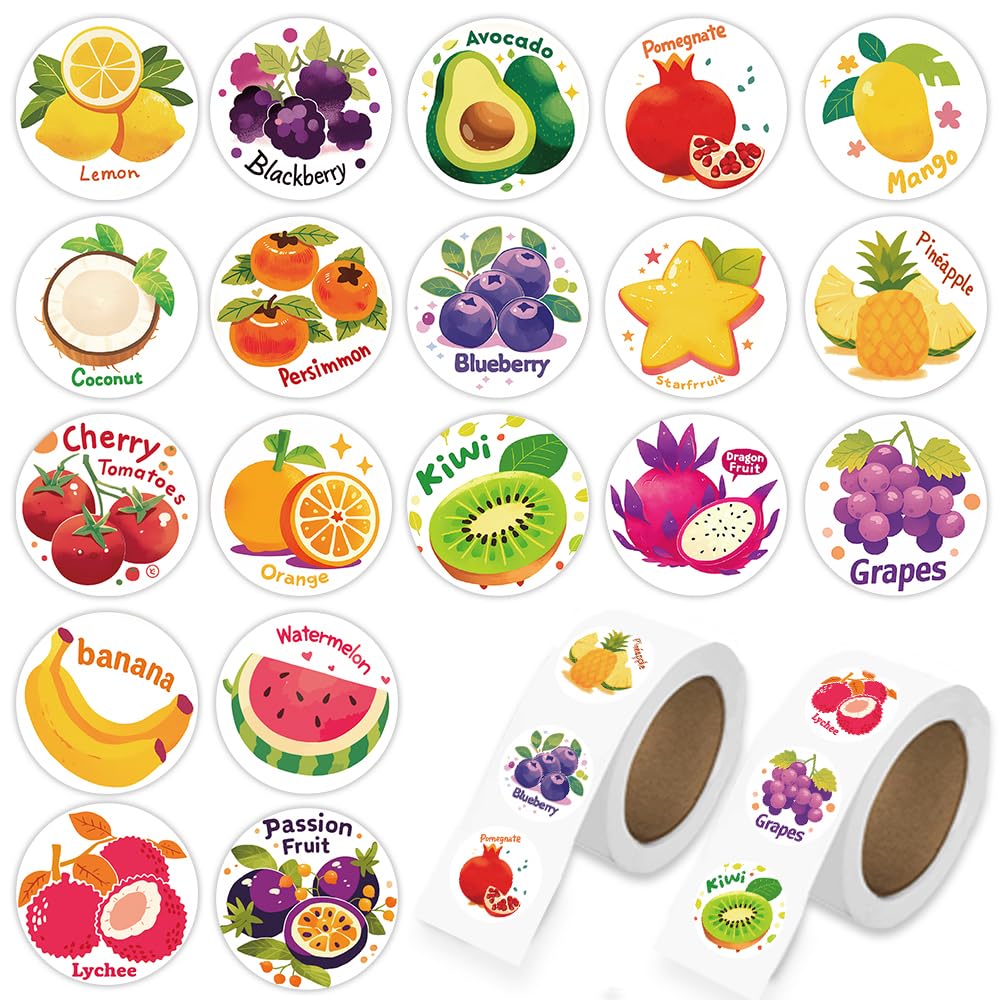 1000 Pcs Fruit Stickers Bulk 2 Roll 1 Inch,Food Pineapple Banana Mango Watermelon Strawberry Sticker Pack Gift for Party Favors Book Water Bottles