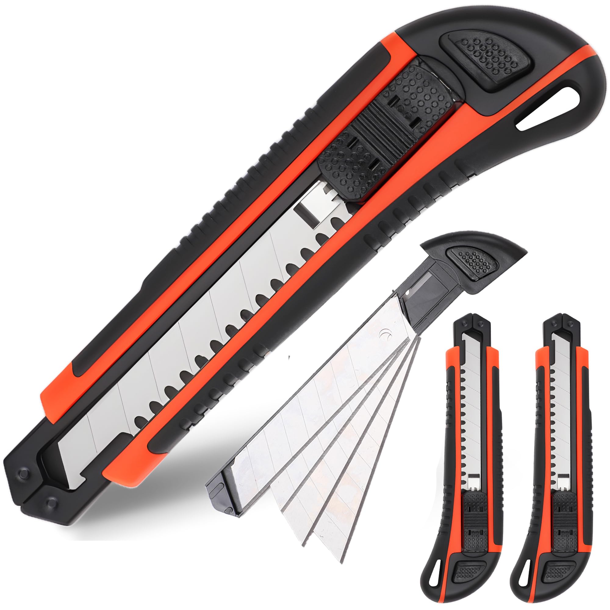 REALTEK 3x Cutter Profesional con 12 Cuchillo Carbon para Cúter, 18 mm, autocarga, Cutter de Seguridad Ultra Nítido, Ideal para Cortar Papel, Cartón