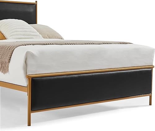 Miniatura 4 de Marco de cama de plataforma de metal, soporte de listones de madera, no necesita somier, fácil montaje, negro, tamaño matrimonial