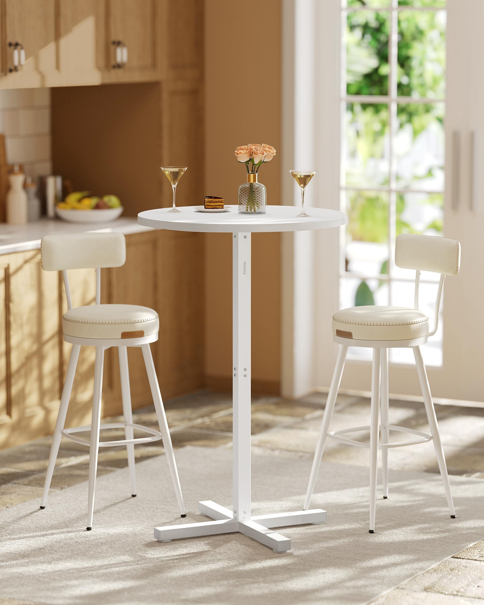 VASAGLE Tavolo da Bar, Tavolino Alto da Pranzo Cucina, Struttura in Metallo, 60 x 60 x 104,5 cm, Facile da Montare, con Base a Croce, per 2-3 Persone, Stile Moderno, Bianco Neve LBT361W01