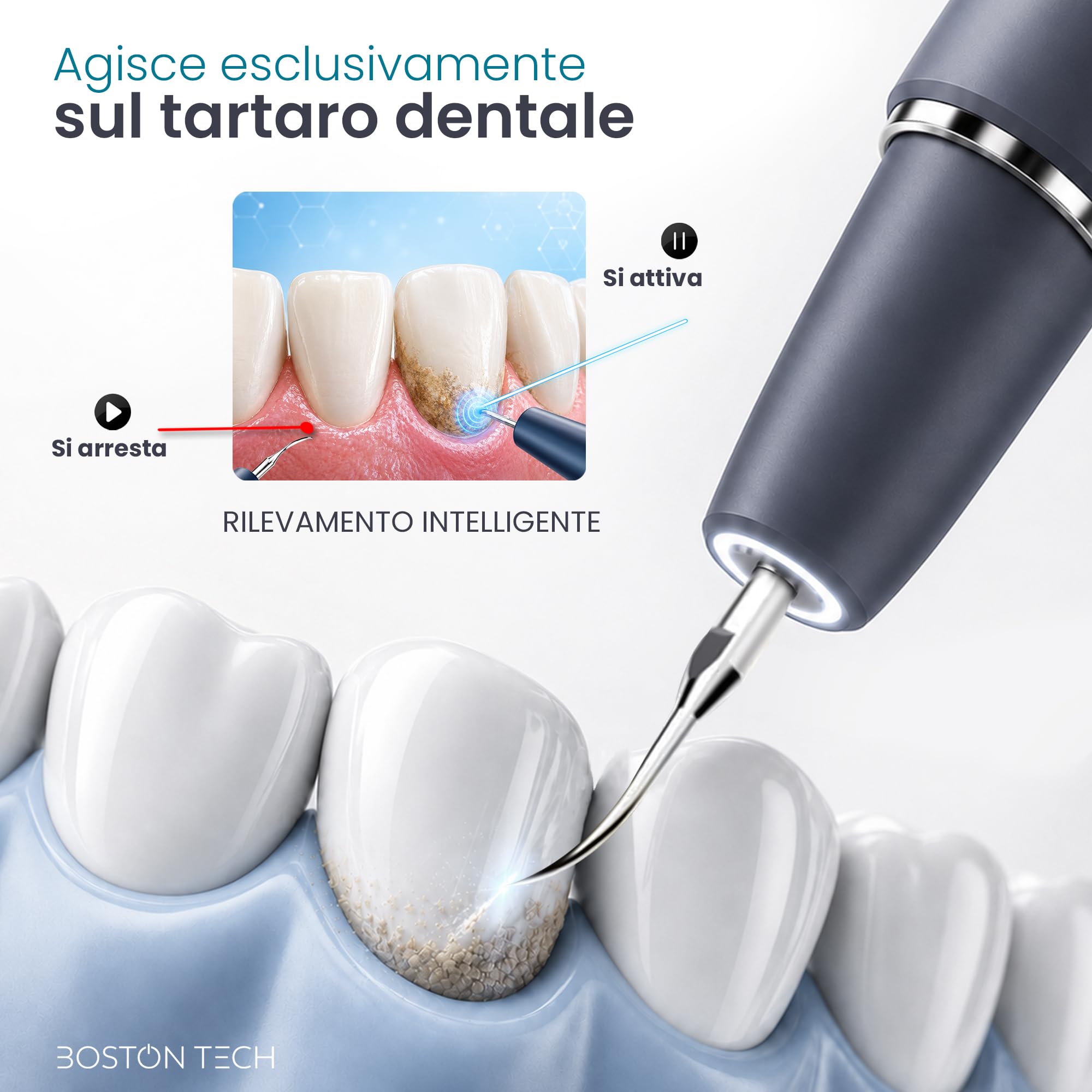 Boston Tech DENTRA Ablatore Tartaro Ultrasuoni, Pulitore Denti Elettrico per Rimuovere Placca e Tartaro, Kit Pulizia Denti con 5 modalità, Ricarica Type-C e Spegnimento Automatico 10 Minuti