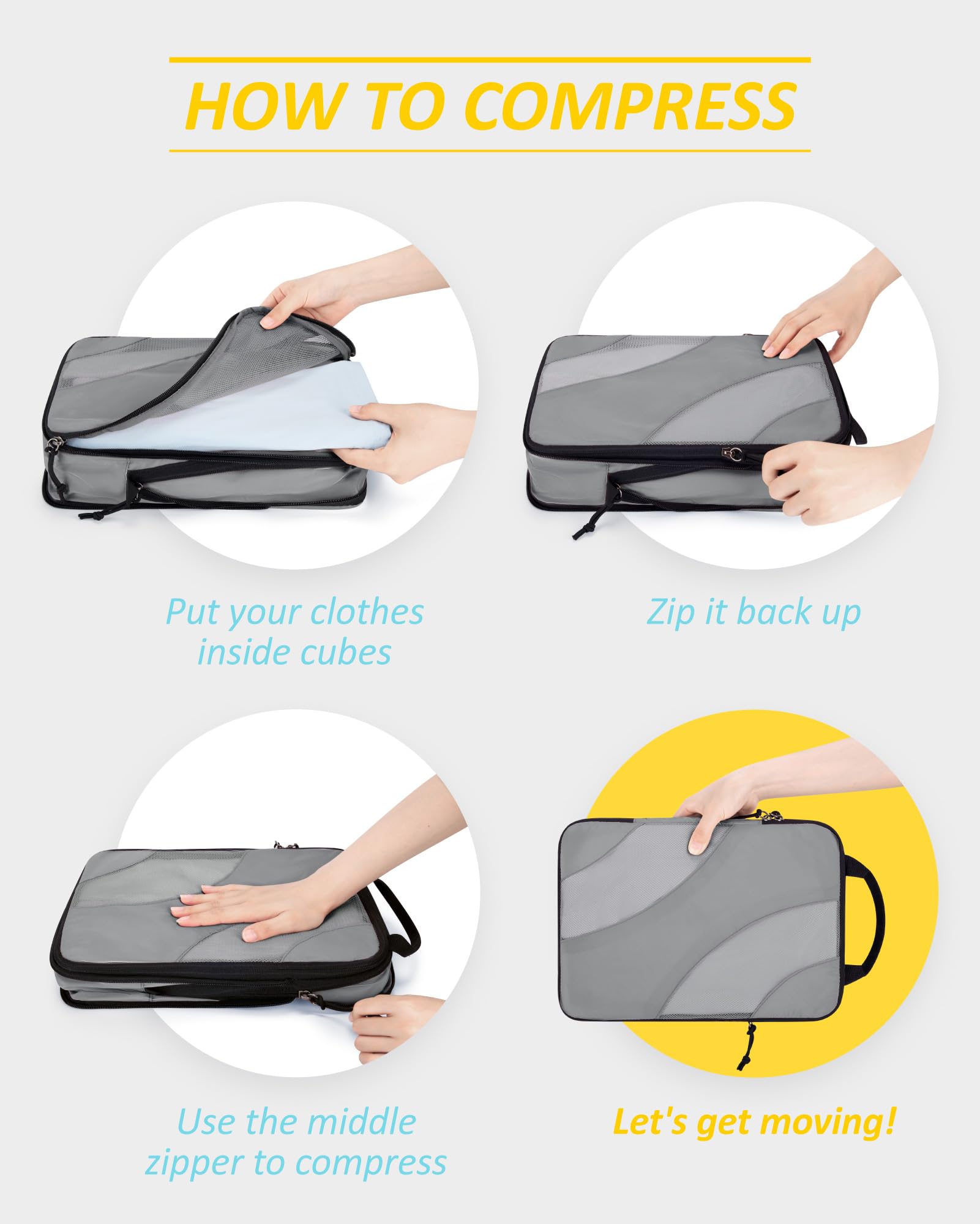 Cubo de embalaje de compresión para viajes, BAGSMART 6 Set de cubos de embalaje de viaje para maleta, bolsa organizadora de maleta de compresión, 05-gris, 6 unidades