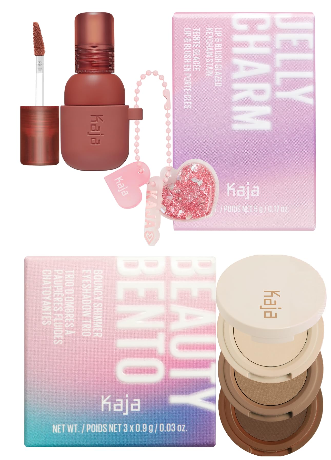 Kaja Lip & Blush Glazed Keychain Stain - Jelly Charm 05 Peach Fizz + Beauty Bento Collection - Bouncy Eyeshadow Trio 14 Neutral Moment, 0.03 Oz Bundle