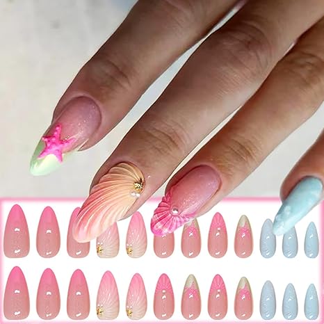 💖 Pink Summer Nails: Shell & Starfish 3D Press-Ons