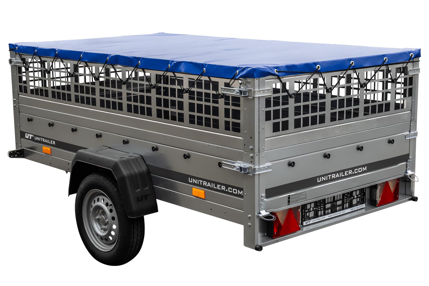 UNITRAILER Pkw Transport Anhänger 230x125 Garden Trailer 230 Kipp mit Laubgitteraufsatz, Blauer Flachplane, Planenträgern und Stützrad