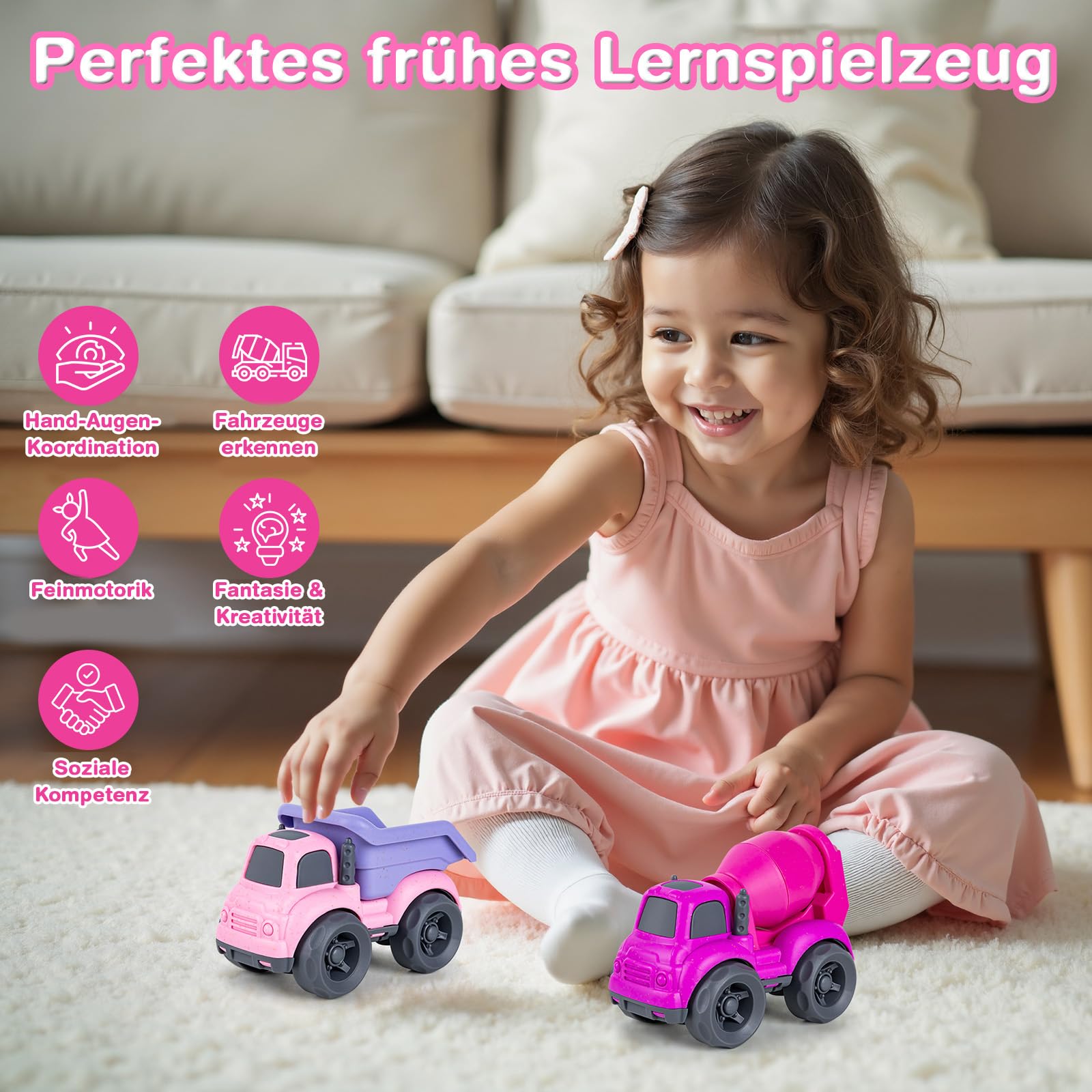 Giochi Bambini 1-3 Anni | Camion Costruzione (Betoniere + Autocarro) – Giocattolo Ecologico in Paglia Naturale e Plastica Riciclata | Ideale per Spiaggia, Giardino e Sabbia | Facile da Lavare （Rosa）
