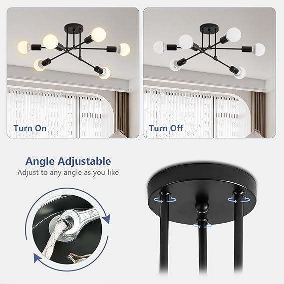 YOODI YOODI Industriële plafondlamp, 6 lampen, plafondlamp, moderne hanglamp van metaal, E27, basis max. 40 W, plafondlamp voor woonkamer, slaapkamer, keuken, diameter 52 cm (lamp niet inbegrepen) photo 3