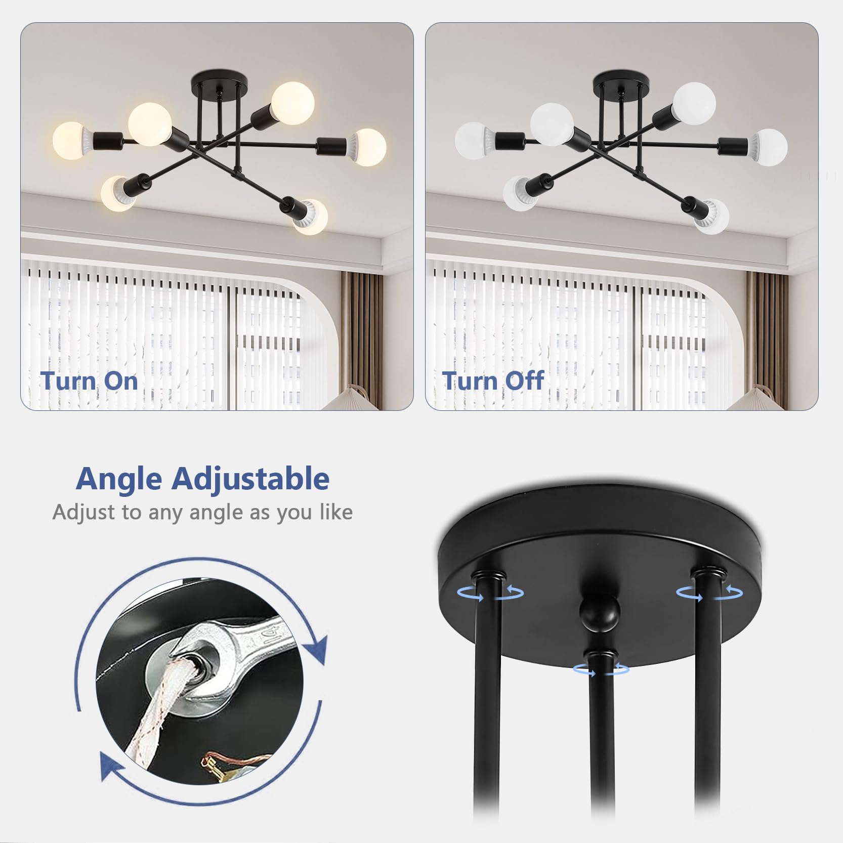 YOODI Lampadario Industriale, 6 Luci Plafoniera Sputnik Vintage, E27 Moderno Lampada da Soffitto in Ferro Nero per Camera da letto, Soggiorno, Sala da Pranzo, Diametro 52cm (Lampadina non inclusa)