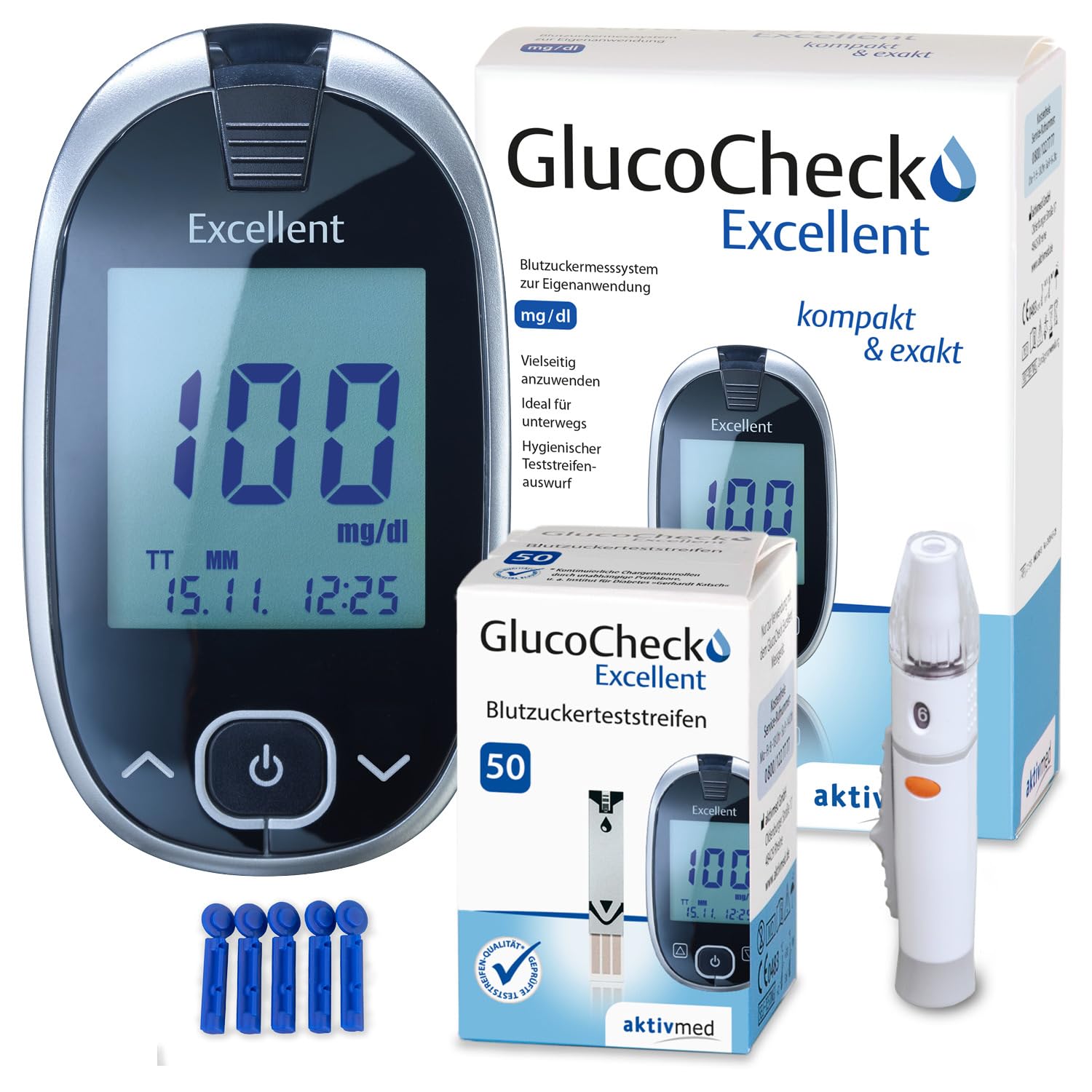 GlucoCheck Excellent Blutzuckermessgerät-Set mit 60 Blutzuckerteststreifen