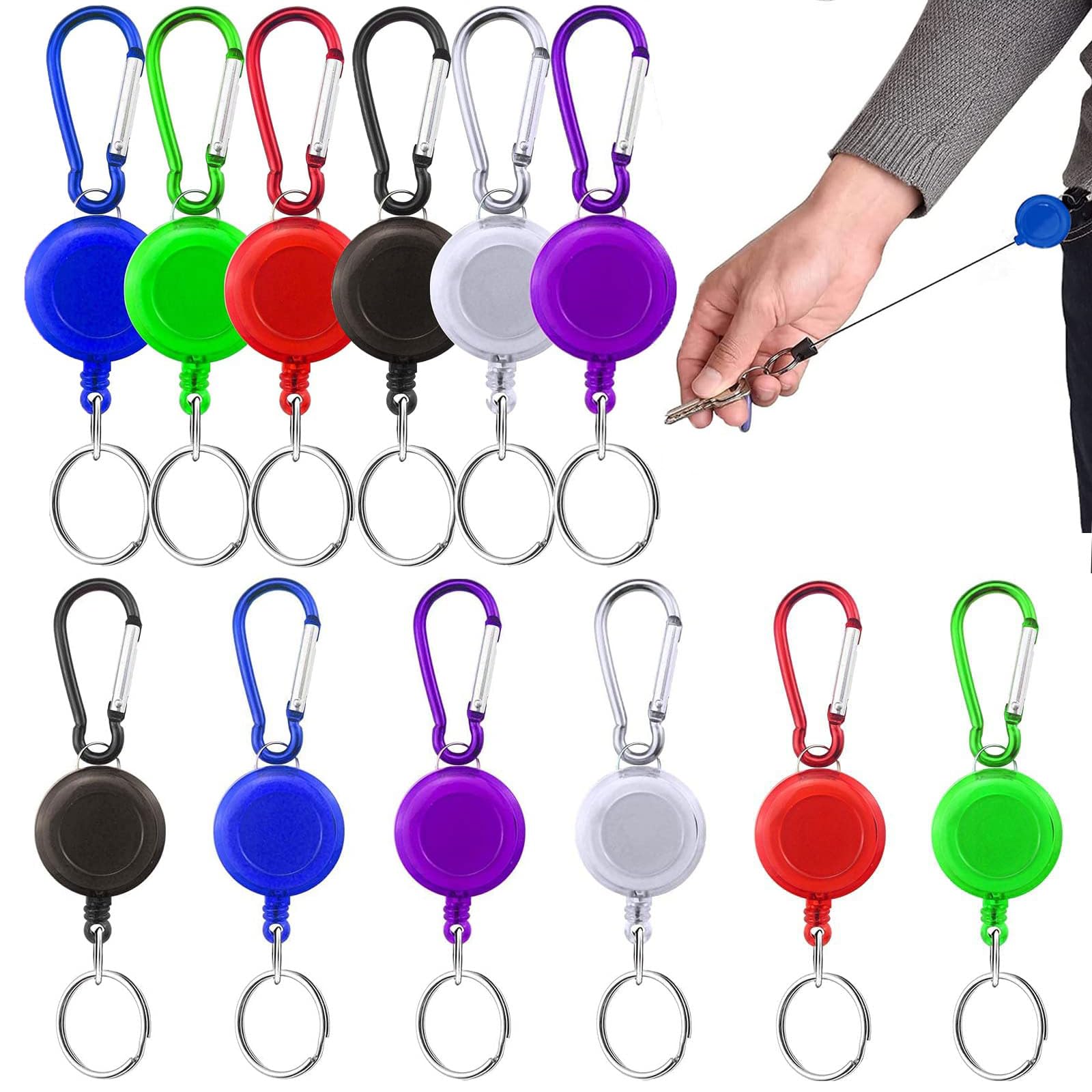 Retractable Keychain 12 Pcs Retractable Keyring Reel Clips Extendable Keychain 2 in 1 Clips Badge Holder with Key Belt Reel Badge Reels Lanyard Belt Clip for Key Ring ID Card Badge Holder