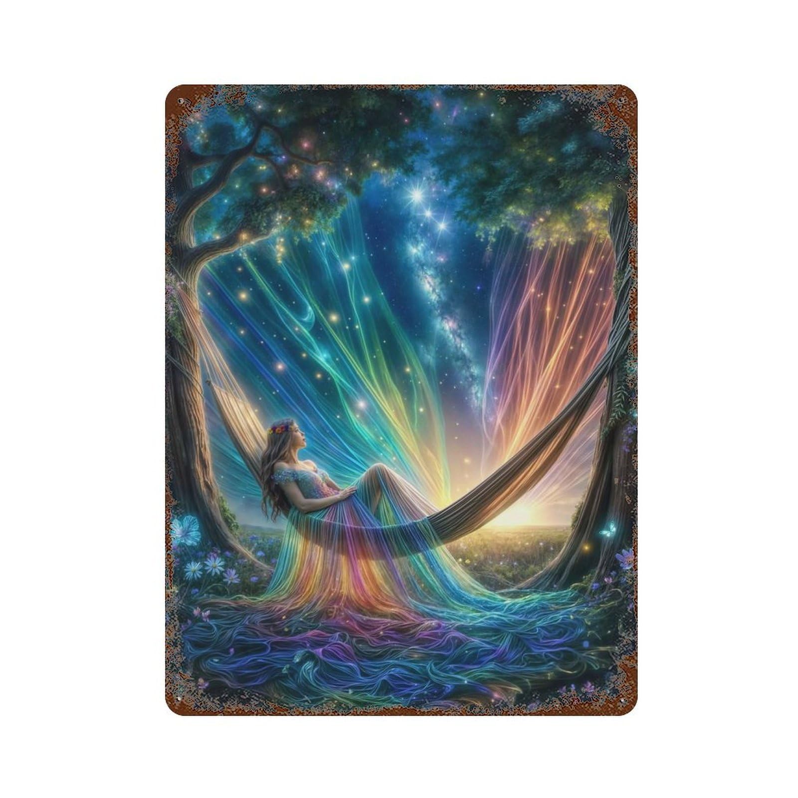 Rustic Tin Plaque Stargazing with Rainbow 15.7"x11.8", Vintage Wall Decor for Pub, Kitchen And Man Cave Decor