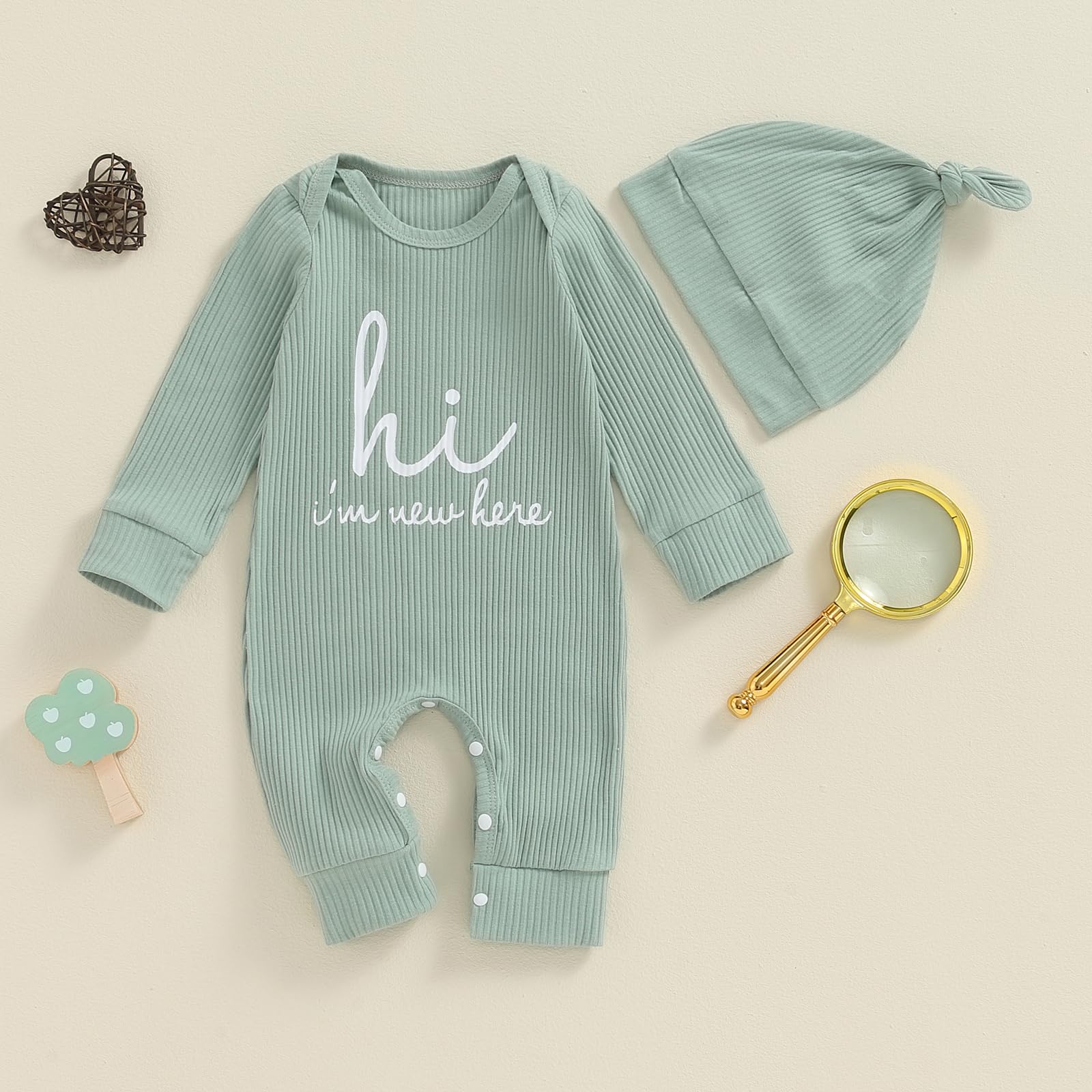 ZAXARRA Newborn Girls Boys Fall Outfits Long Sleeve Crew Neck Romper Bodysuit Gender Neutral Coming Home Hat Clothing Sets (Green, 0-3 Months)