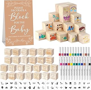 117 Pcs Baby Shower Blocks to Decorate Game Kit Includes 52 Wooden Blocks 24 Markers 1 Game Sign 40 Templates to Paint (Kraft)