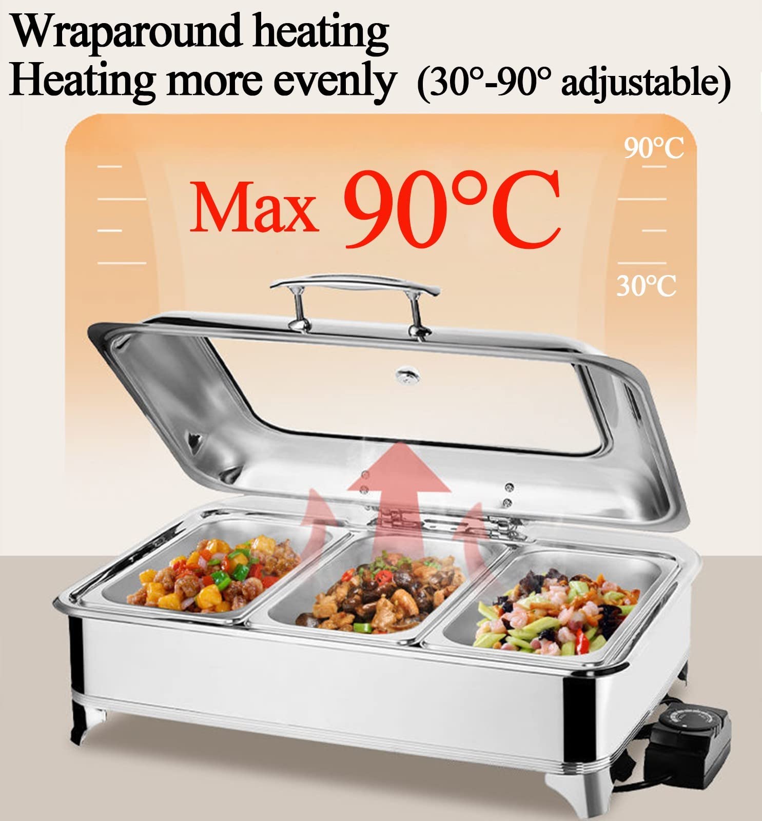 Chafing Dish Buffet Eléctrico, Calentador de Alimentos de Acero Inoxidable con Tapa Transparente, Servidor de Buffet para Boda, Fiesta, Banquete y Catering, GN 1/1, 1/2, 1/3 Opcional, 9L