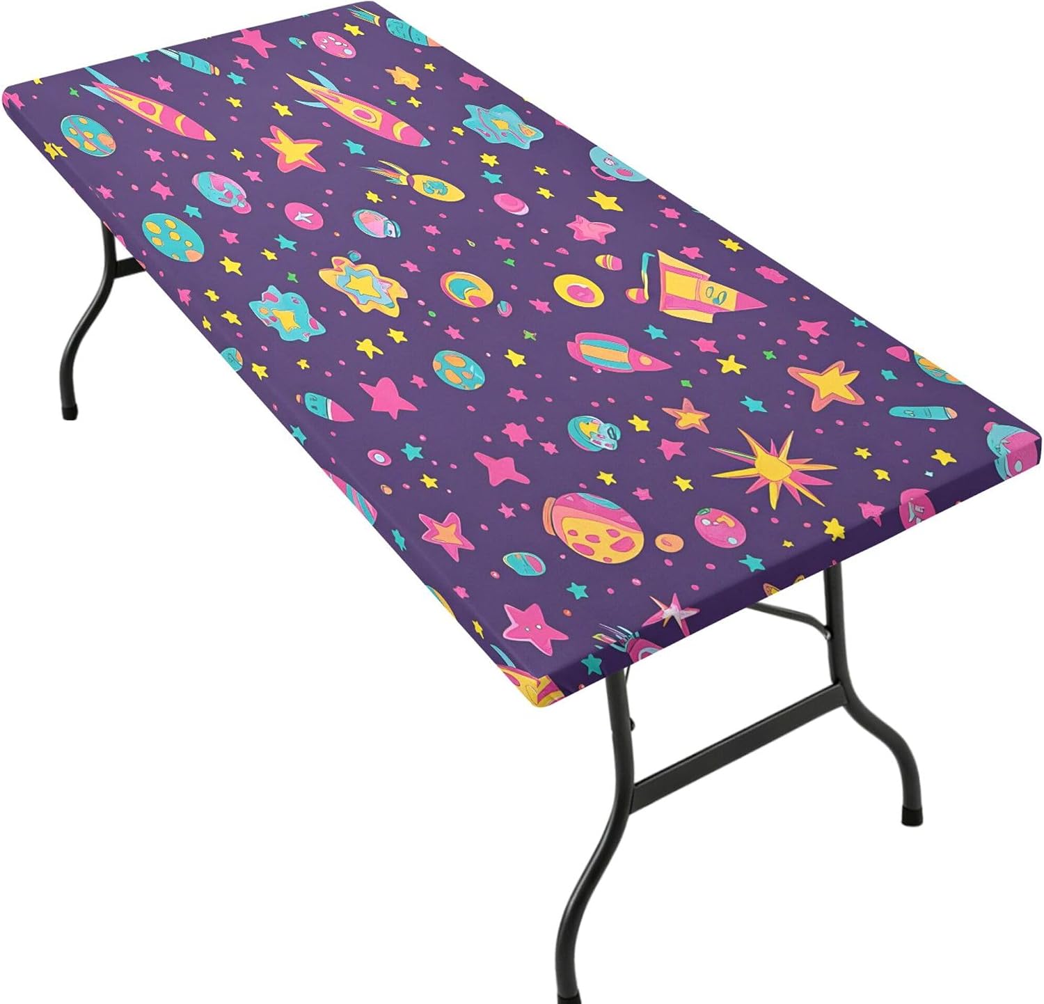 Colorful Space Stars Stretch Fitted Table Cover for 6ft Fold-in-Half Table, Wrinkle-Free Outdoor & Indoor Decorative Table Protector, 2.5ft X 6ft