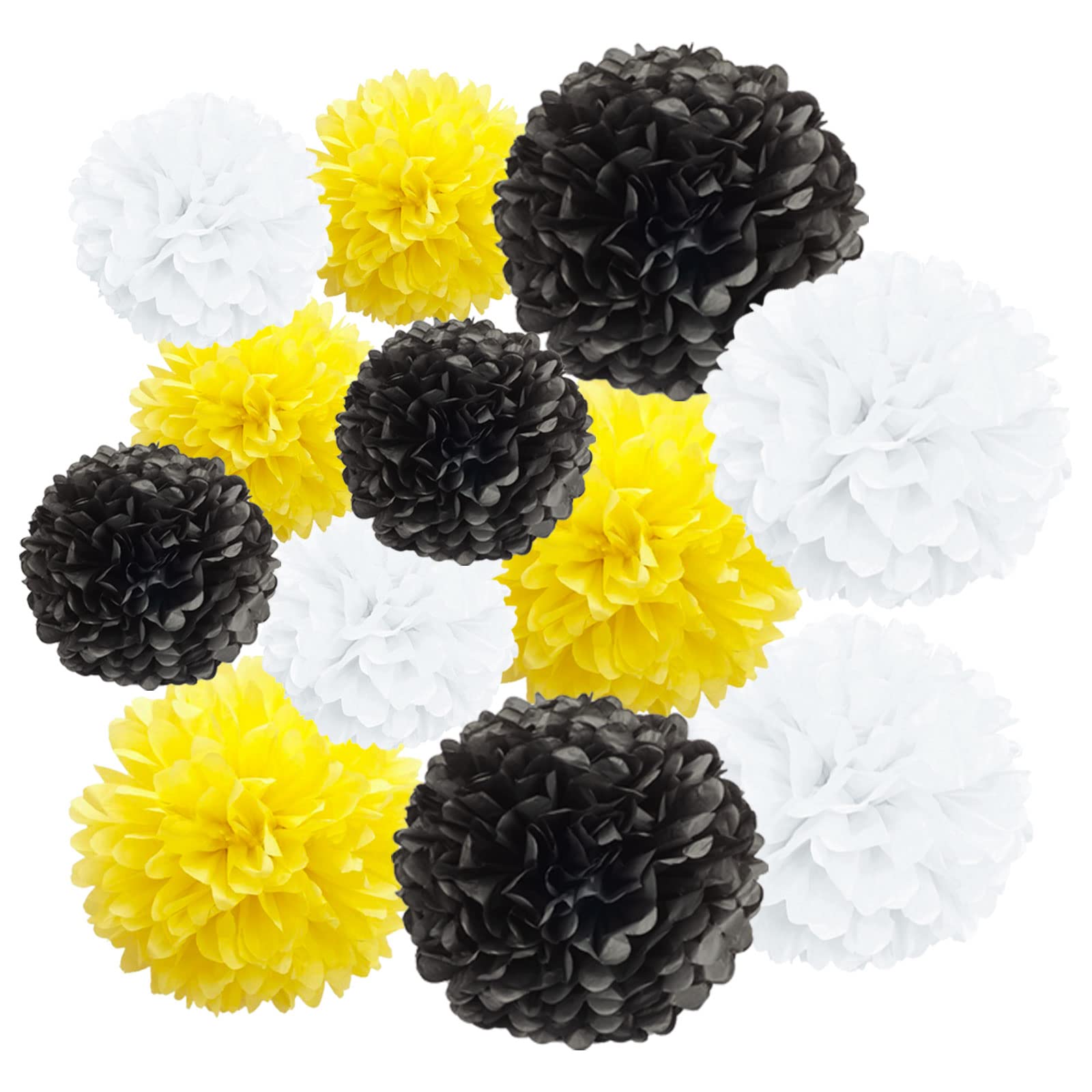 Ainmto 12pcs Yellow,Black and White Paper Pom Poms Decorations for Party Ceiling Wall Hanging Tissue Flowers Decorations
