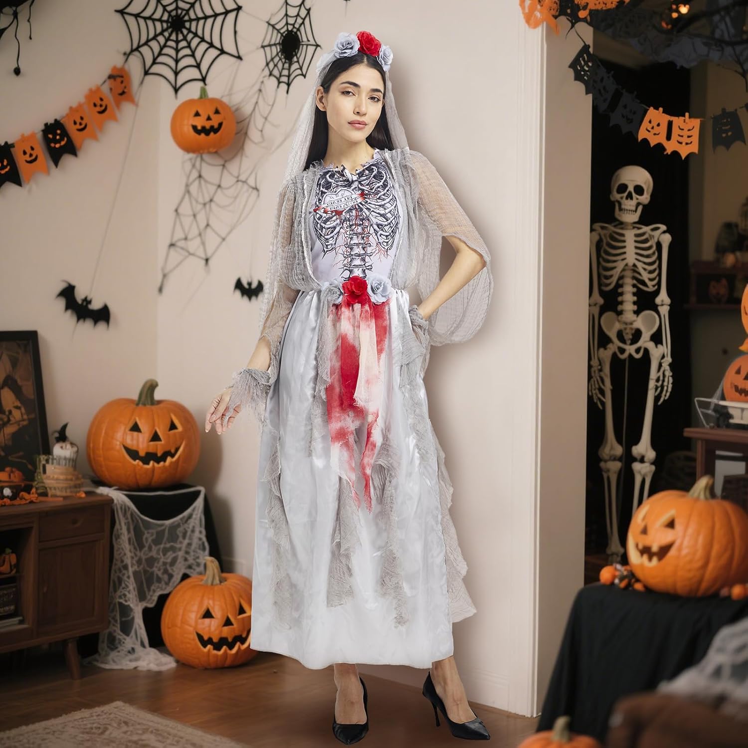 Zombie Bride Costume Women Dead Corpse Skeleton Ghost Halloween Wedding Dress Scary Bloody Marriage Cosplay Outfit - Image 5