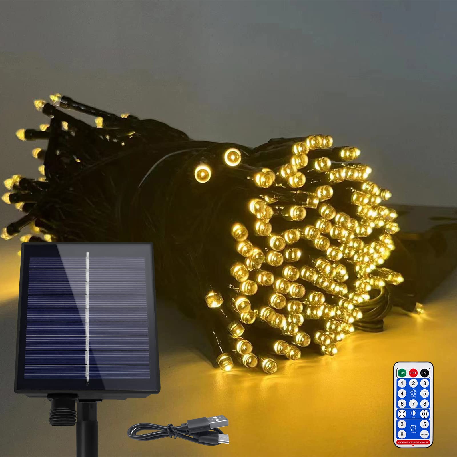 NAIZY Solar Lichterkette aussen 100m 1000LEDs Solar Weihnachtsbeleuchtung Warmweiß Lichtervorhang mit 8 Leuchtmodi Speicherfunktion & Timer & USB IP44 Wasserdicht Lichterketten Innen-Außen