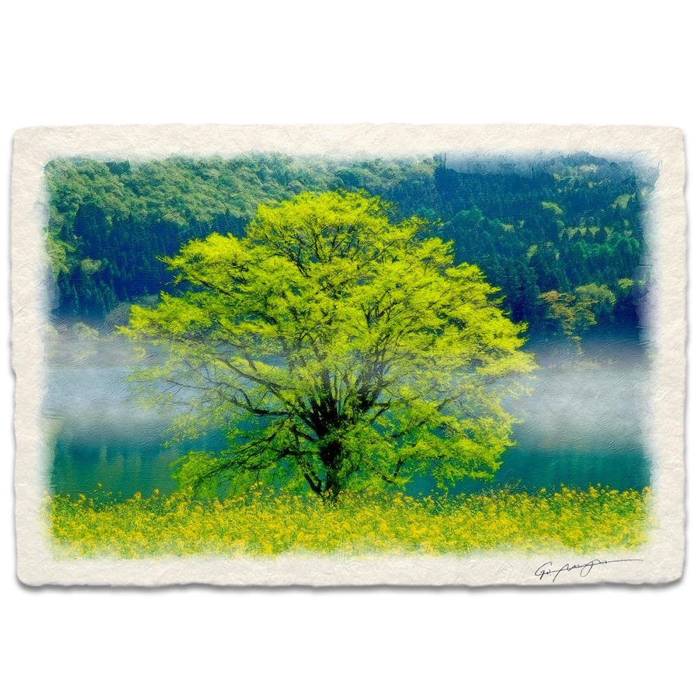 Feng Shui Picture Painting Entrance Interior Art Panel Landscape Painting Stylish Wall Hanging Japanese Paper Picture Photo "Flower Field with New Green Trees at the Misty Lake" Panel 11.8 x 8.3 : Hom